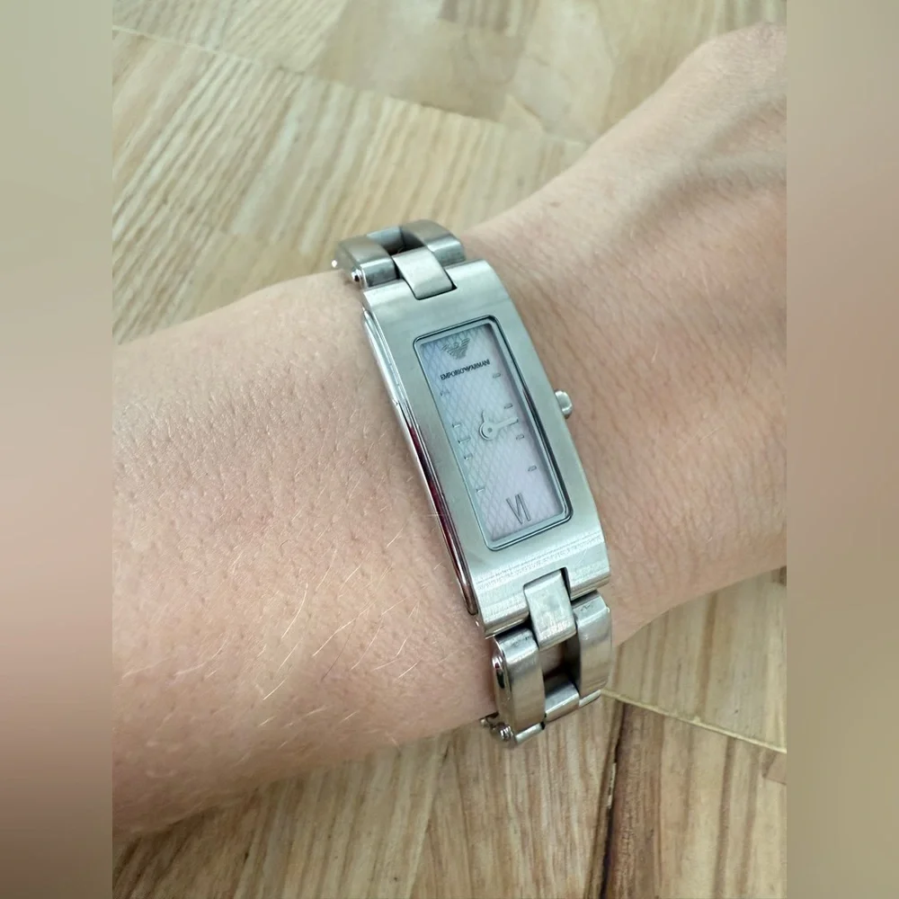 Emporio Armani ladies rectangular stainless steel dress watch NEW BATTERY